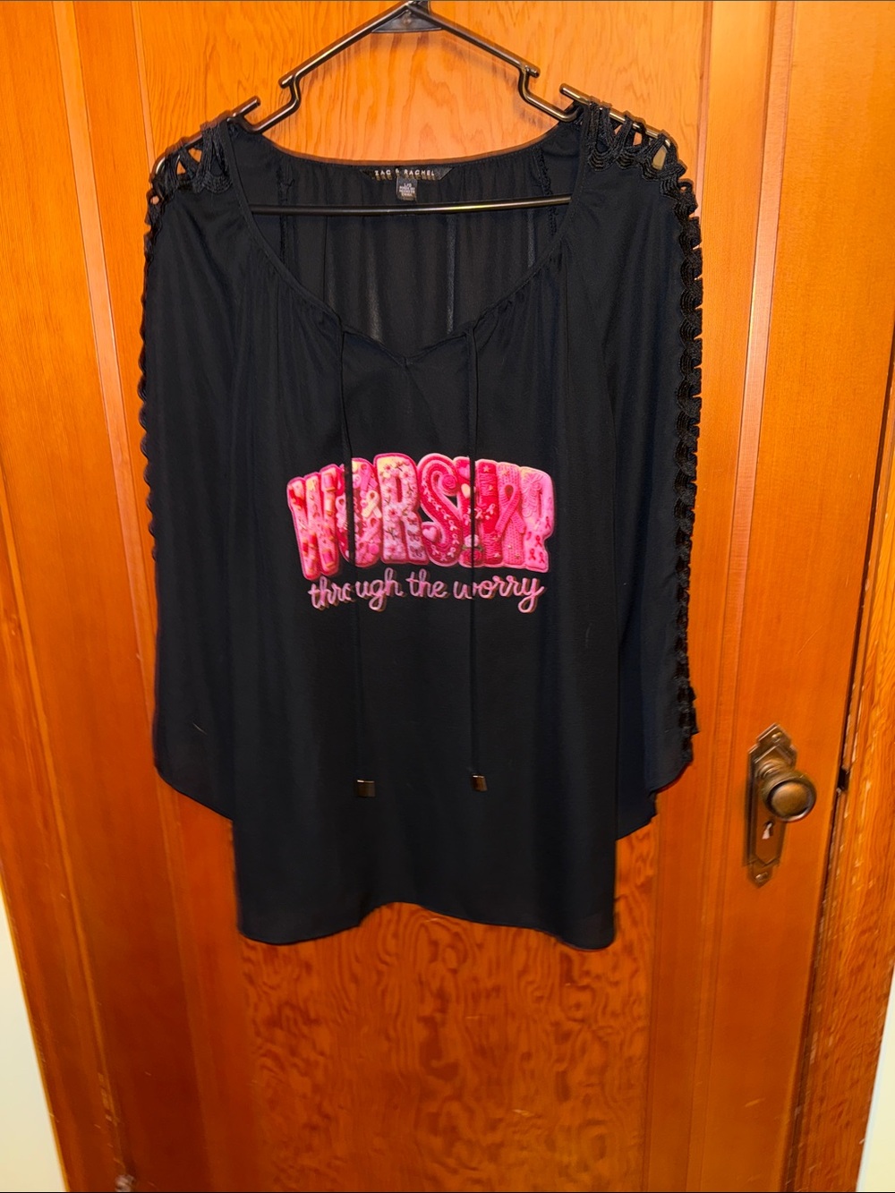 Women’s Black Blouse with Pink 'WISH' Graphic and Ladder-Shoulder Detail